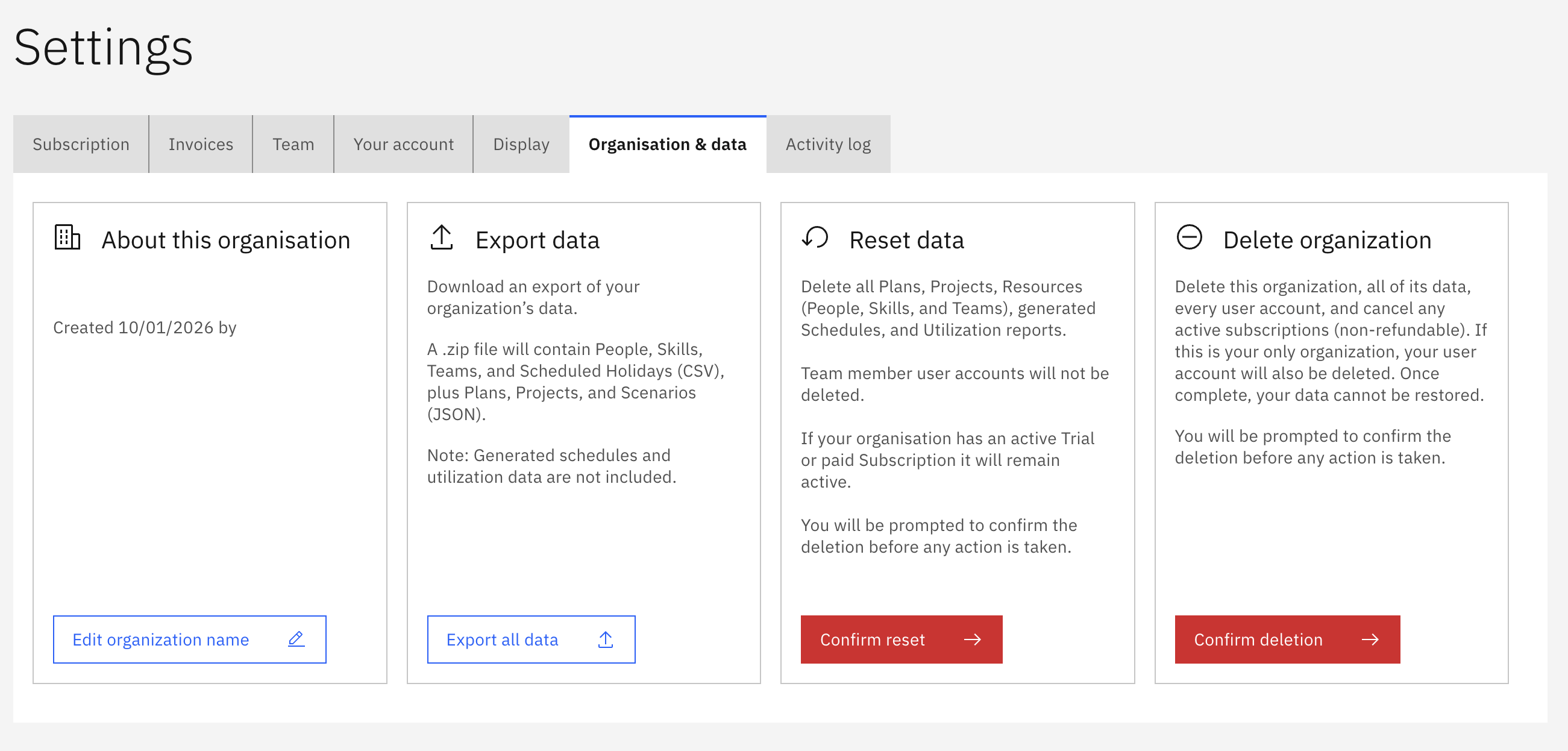 Organisation data settings