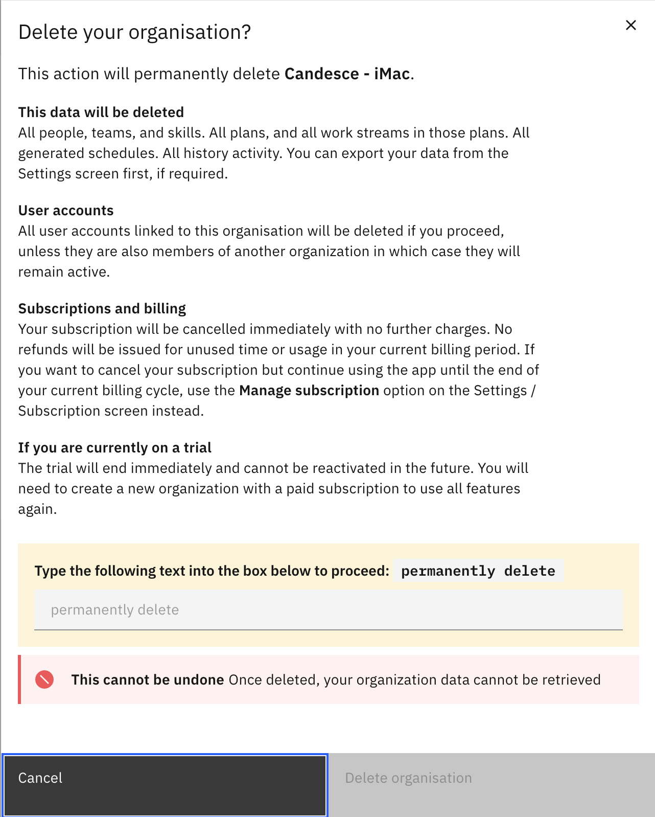 Organisation delete confirmation step