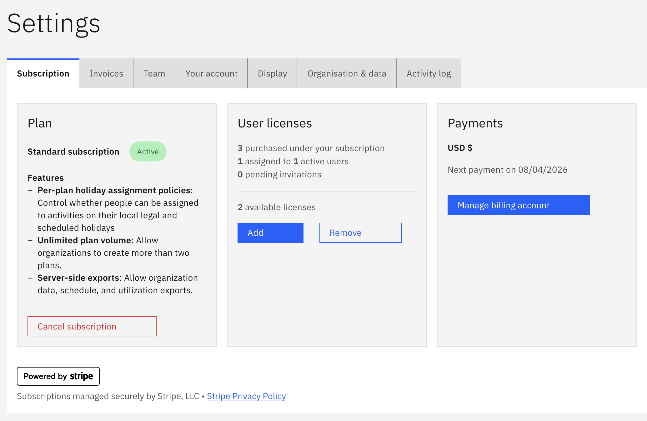 Subscription settings screen